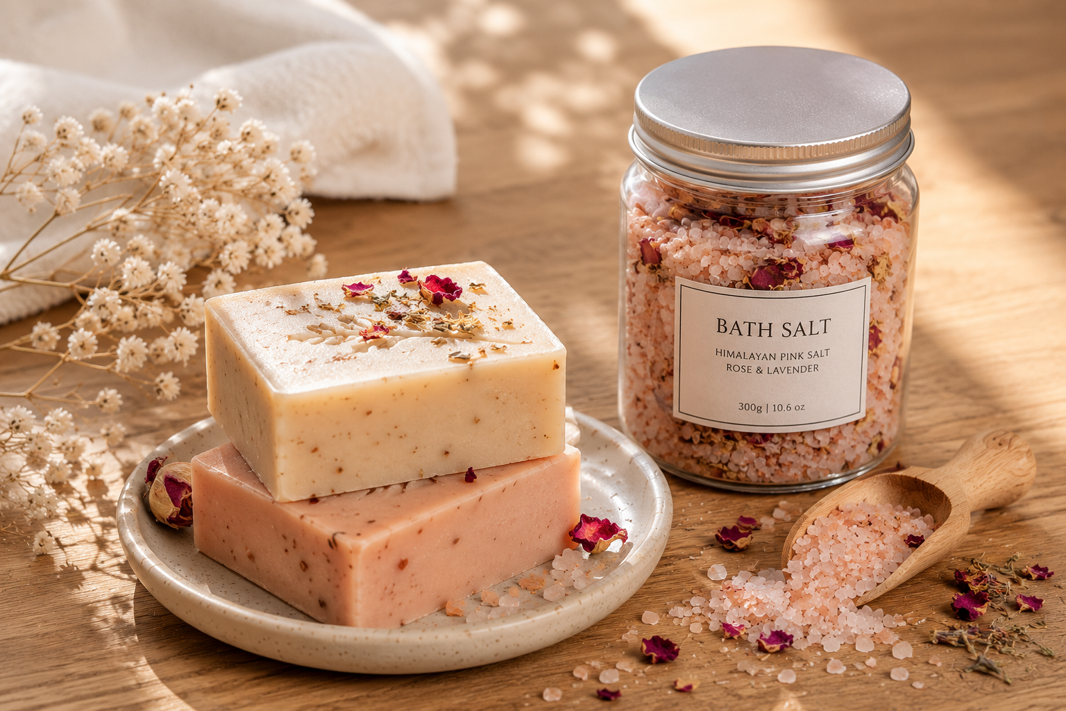 Two handmade cold-process soap bars stacked on a ceramic plate beside a jar of Himalayan pink bath salt with rose petals, dried gypsophila, and a wooden scoop on a warm wooden surface.