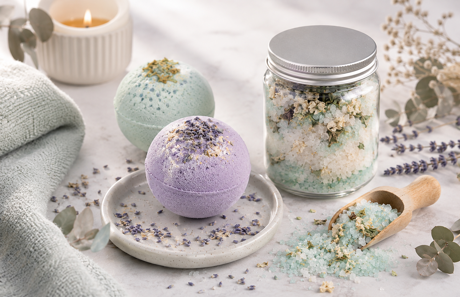 A lavender and a teal bath bomb on a ceramic dish beside a glass jar of bath salts with dried jasmine and eucalyptus, alongside a soft towel and a small lit candle on a marble surface.